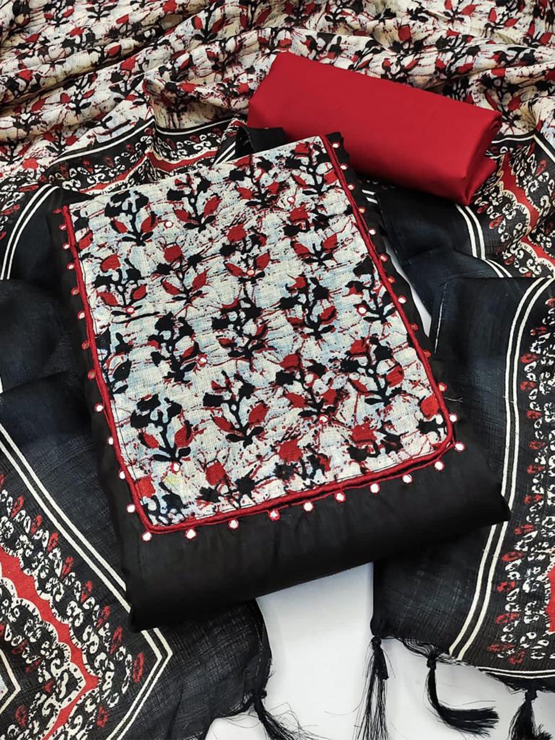 

ZEEPKART Floral Embroidered Mirror Work Unstitched Dress Material, Black