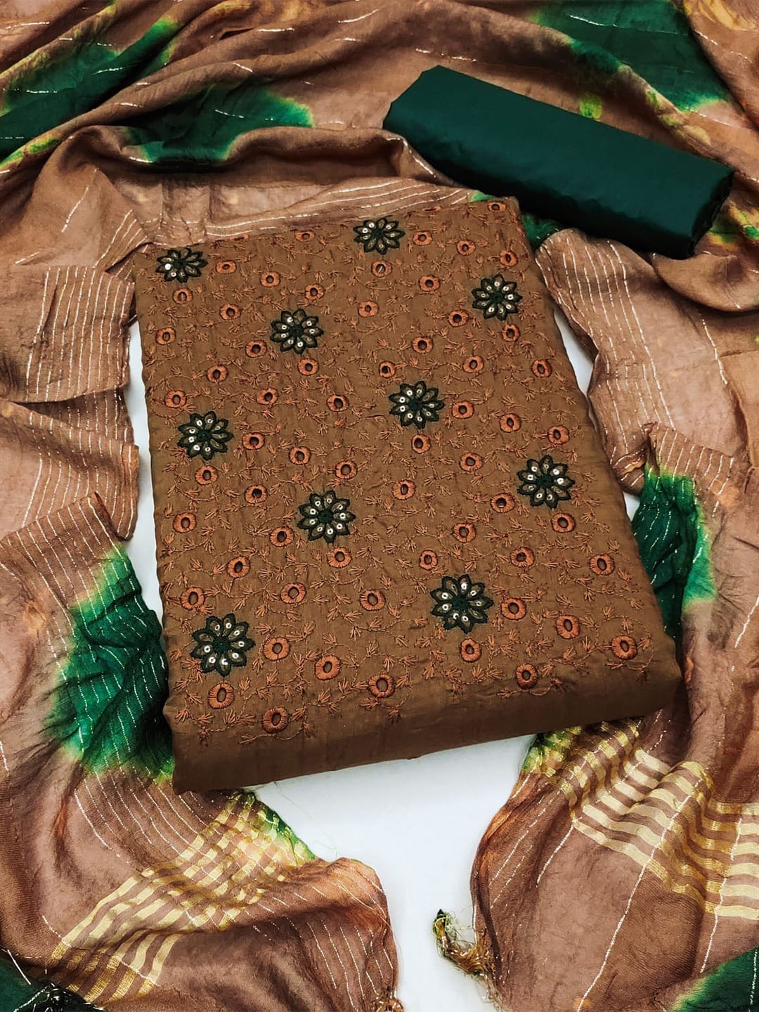 

ZEEPKART Floral Embroidered Unstitched Dress Material, Brown
