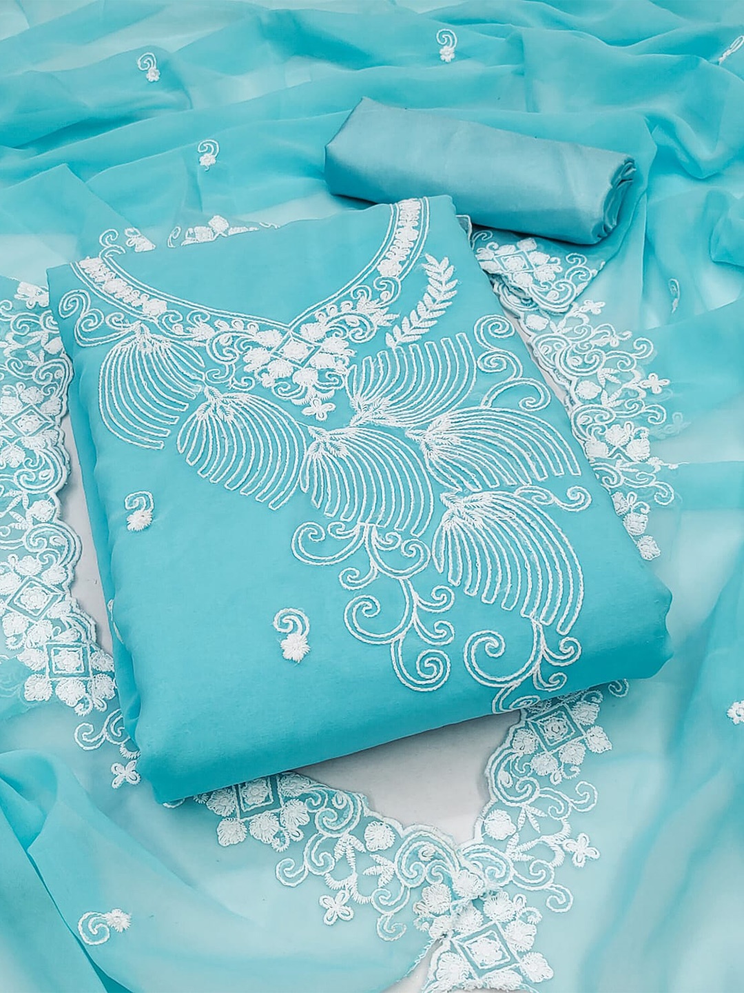 

ZEEPKART Floral Embroidered Unstitched Dress Material, Blue
