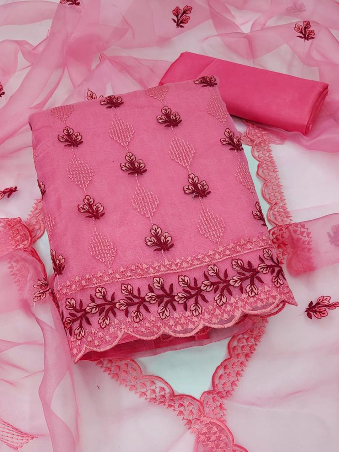 

ZEEPKART Floral Embroidered Unstitched Dress Material, Pink
