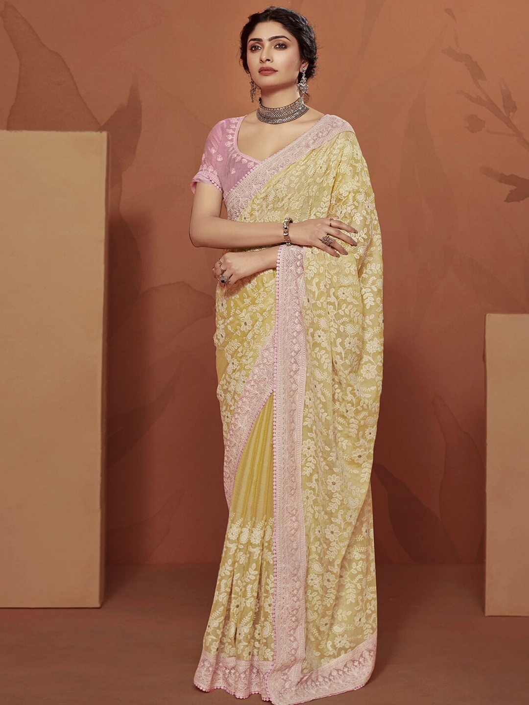 

Satrani Floral Chikankari Pure Chiffon Heavy Work Saree, Yellow