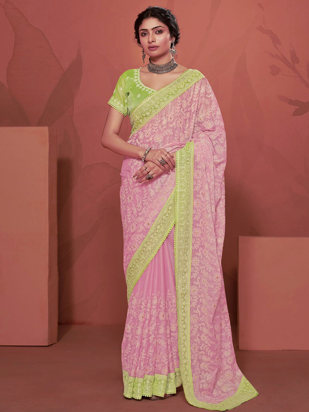 

Satrani Floral Chikankari Pure Chiffon Heavy Work Saree, Pink