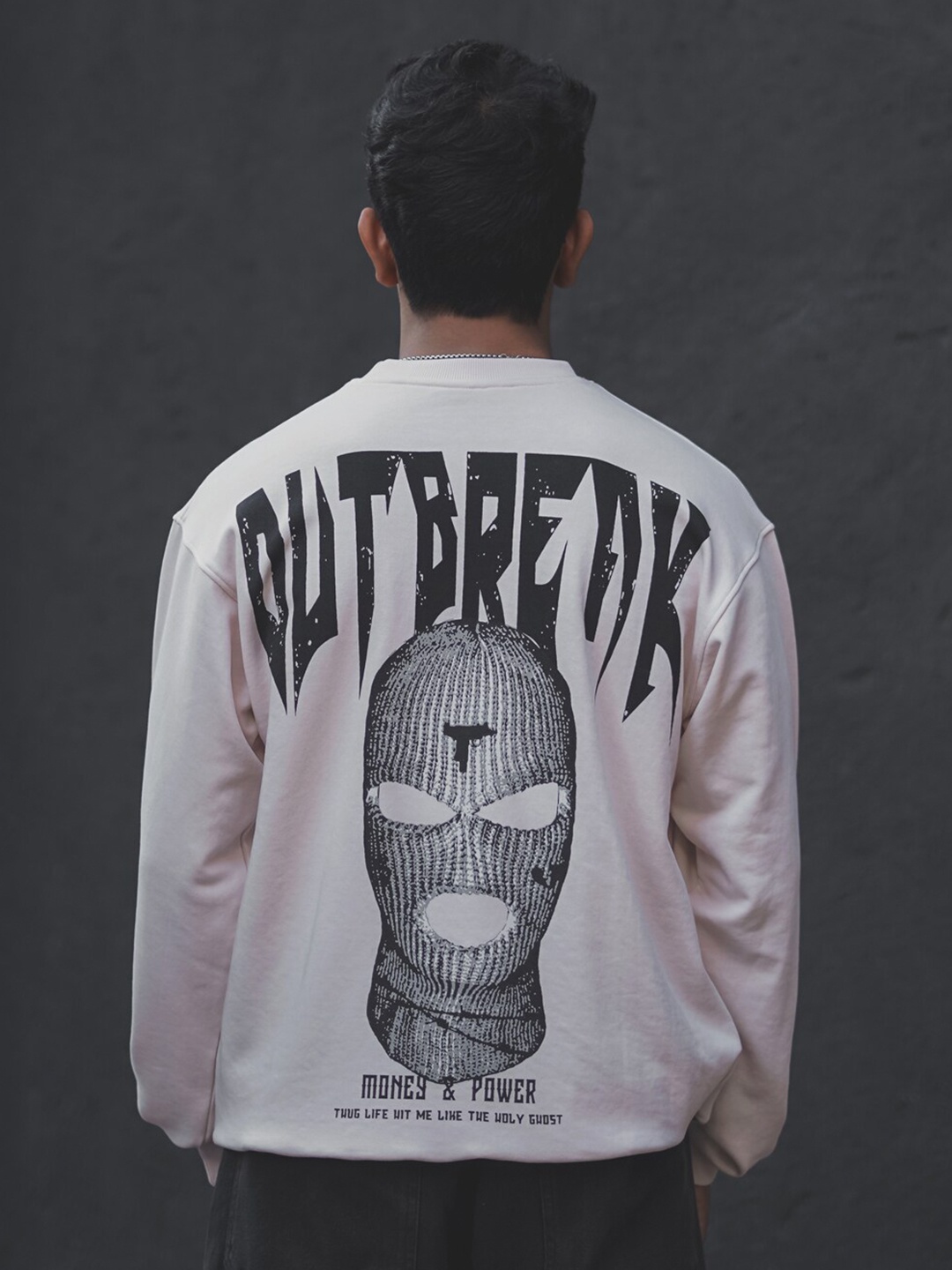 

Powerlook Cream-Coloured Graphic Printed Round Neck Oversized Sweatshirt