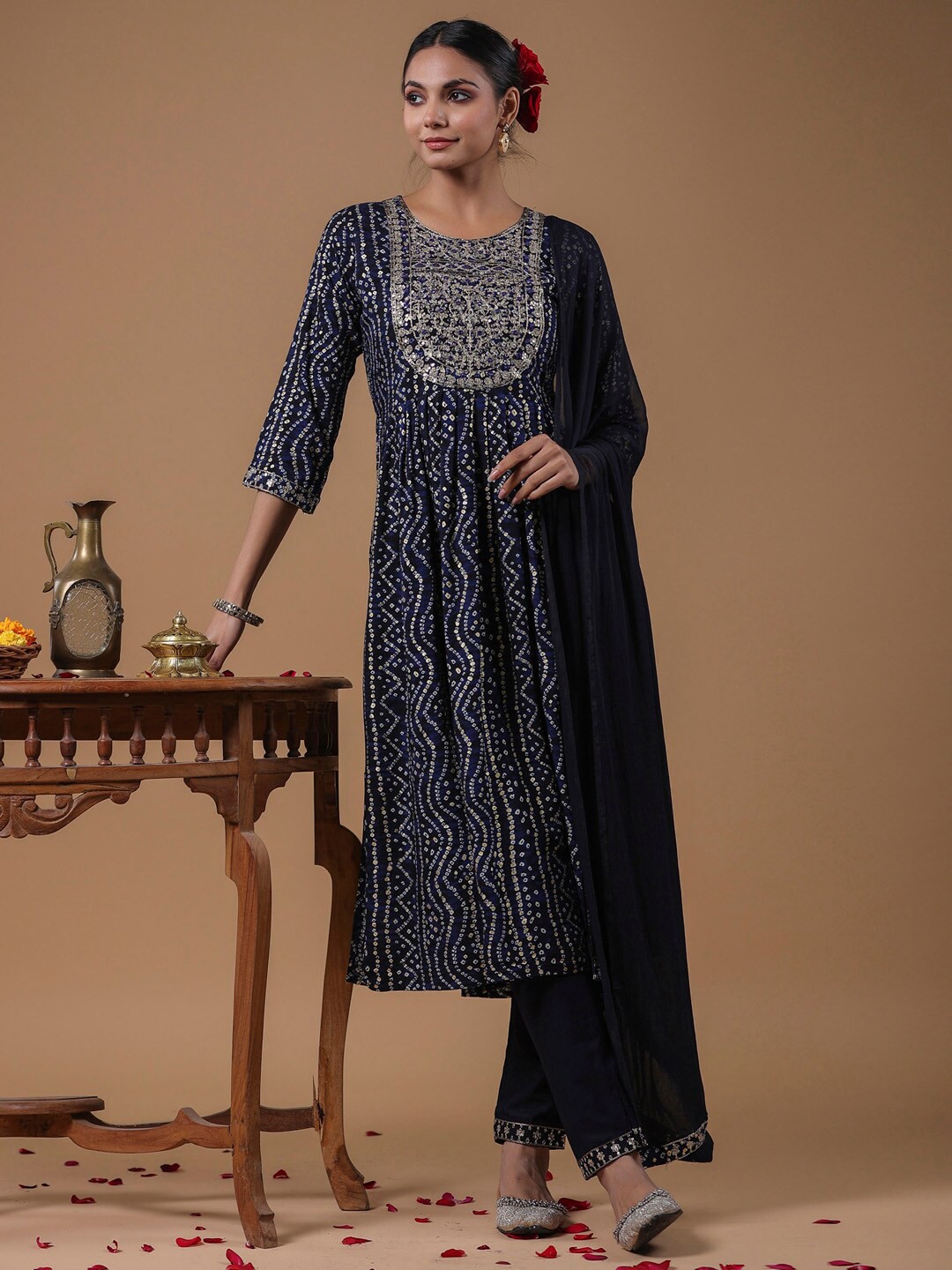 

Indo Era Bandhani Printed Round neck Regular Sequinned Kurta with Trousers & With Dupatta, Blue