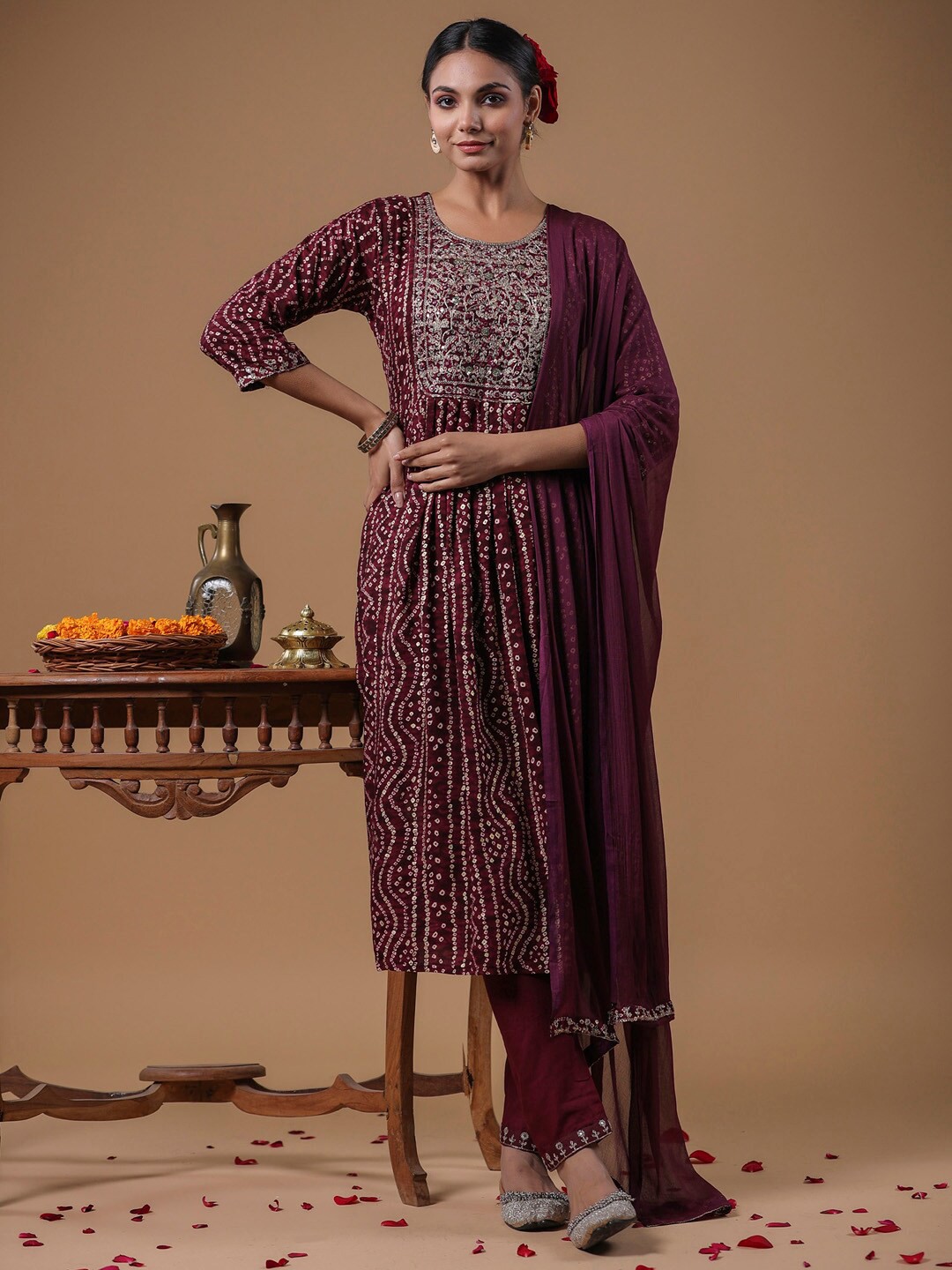 

Indo Era Burgundy Bandhani Embroidered Empire Sequinned Kurta with Trousers & With Dupatta