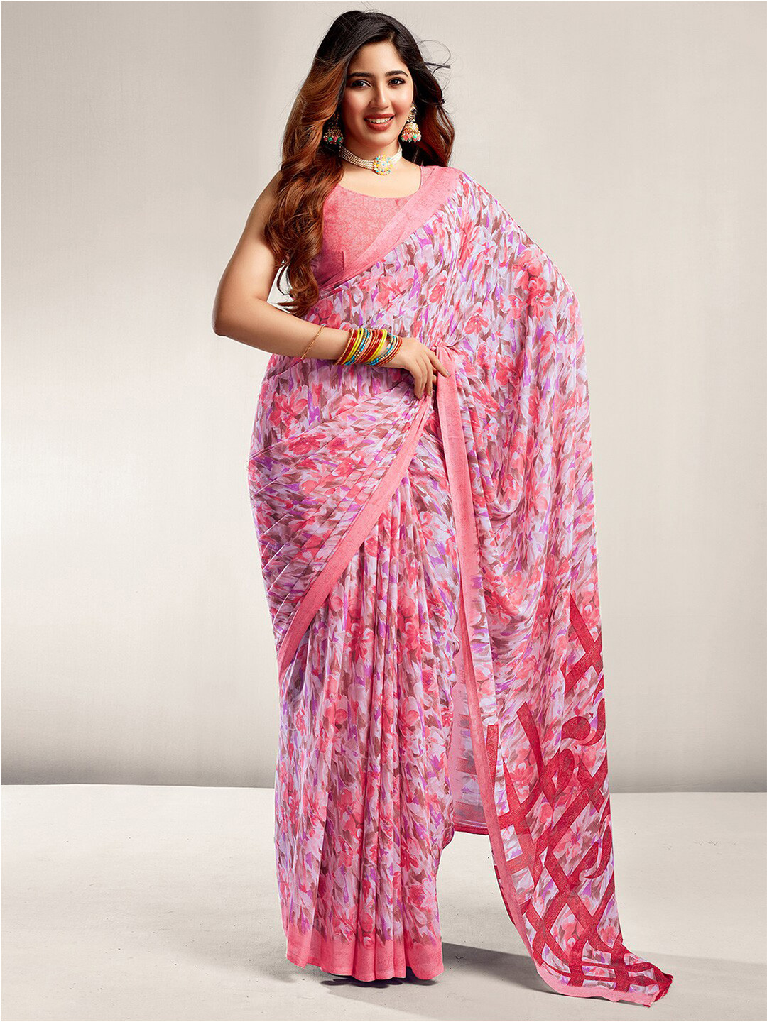 

KALINI Floral Printed Saree, Peach