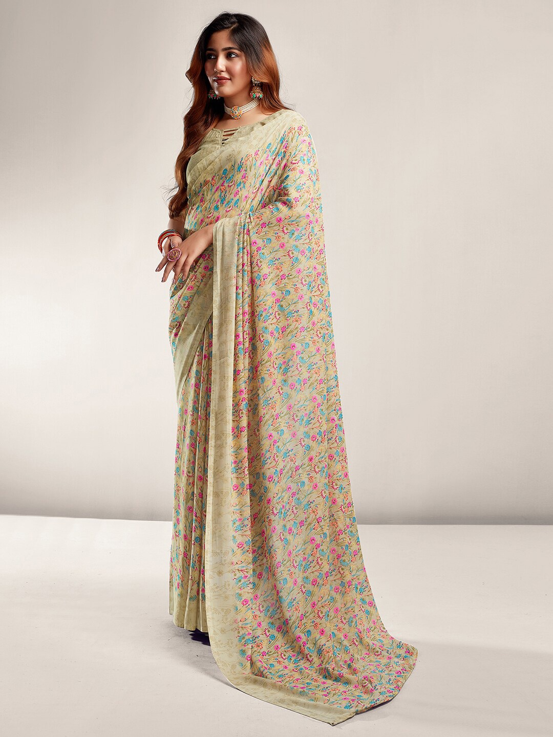 

KALINI Floral Printed Saree, Beige
