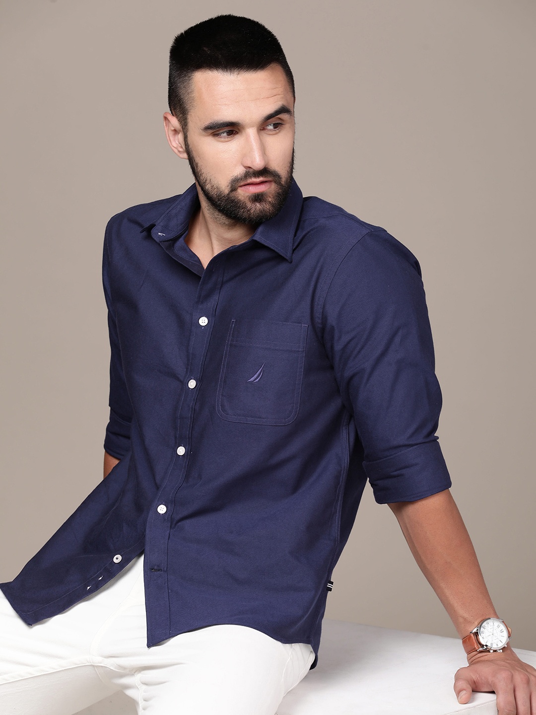 

Nautica Pure Cotton Slim Fit Wrinkle Resistant Casual Shirt, Navy blue
