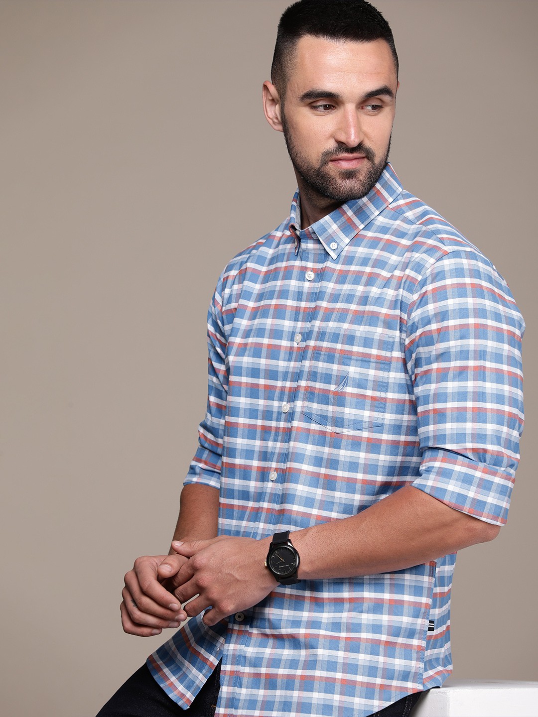 

Nautica Button Down Collar Checked Wrinkle Resistant Casual Shirt, Blue