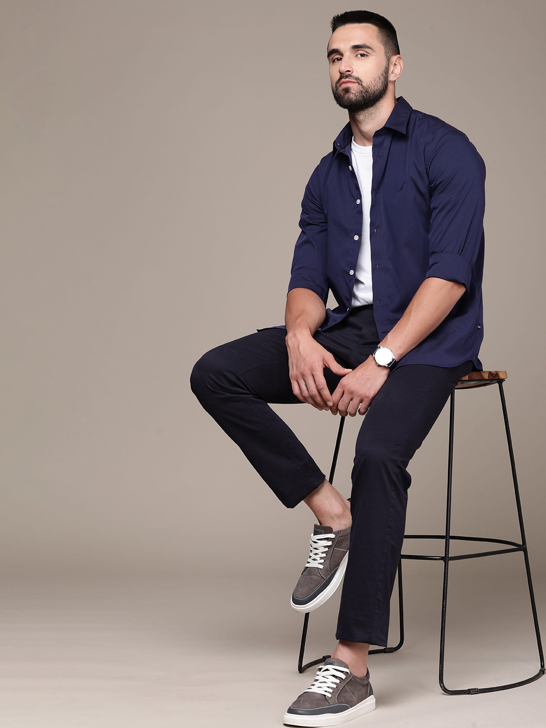 

Nautica Pure Cotton Slim Fit Wrinkle Resistant Casual Shirt, Navy blue