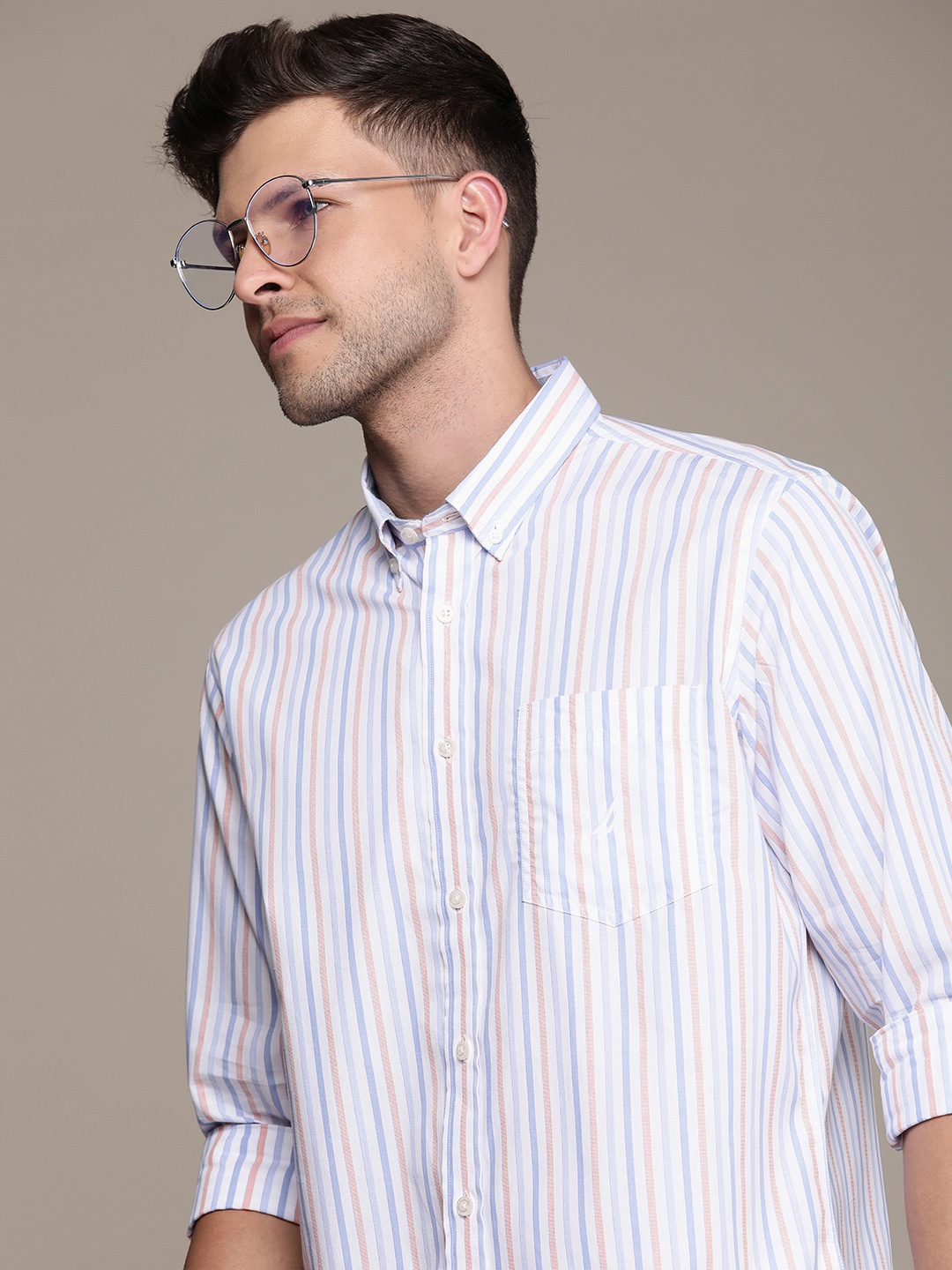

Nautica Pure Cotton Classic Fit Opaque Striped Wrinkle Resistant Casual Shirt, Blue