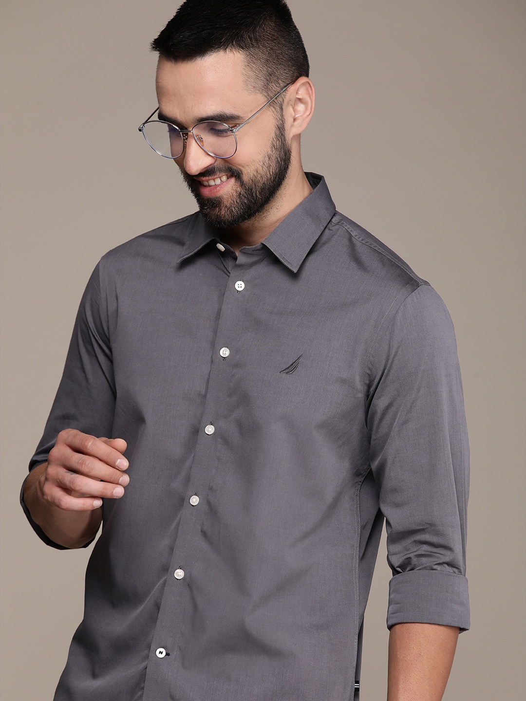 

Nautica Pure Cotton Slim Fit Opaque Wrinkle Resistant Casual Shirt, Grey