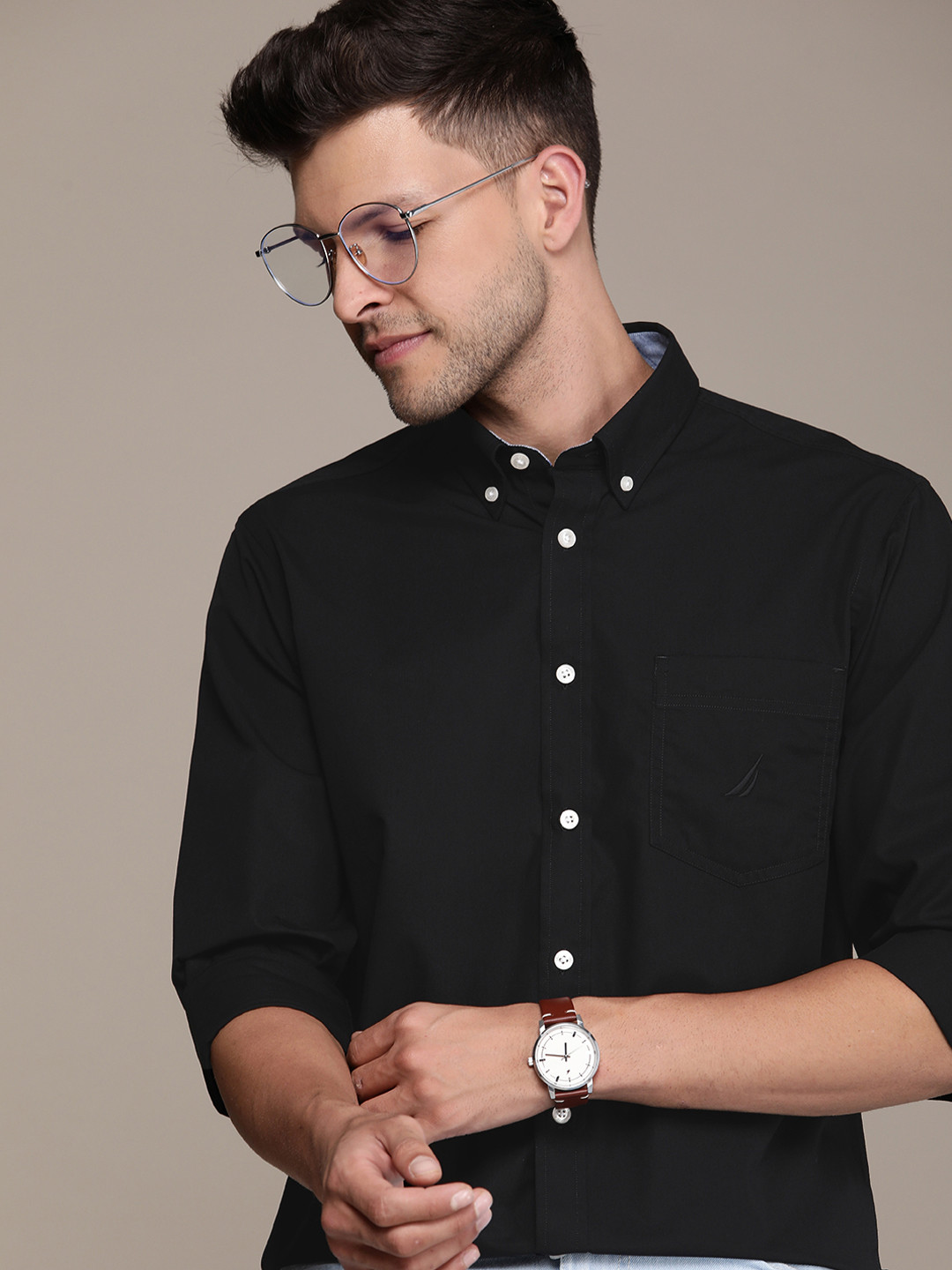 

Nautica Pure Cotton Classic Fit Opaque Wrinkle Resistant Casual Shirt, Black