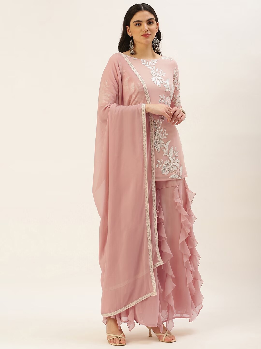 

Ethnovog Boat Neck Embroidered Thread Work Kurti with Palazzos & Dupatta, Pink