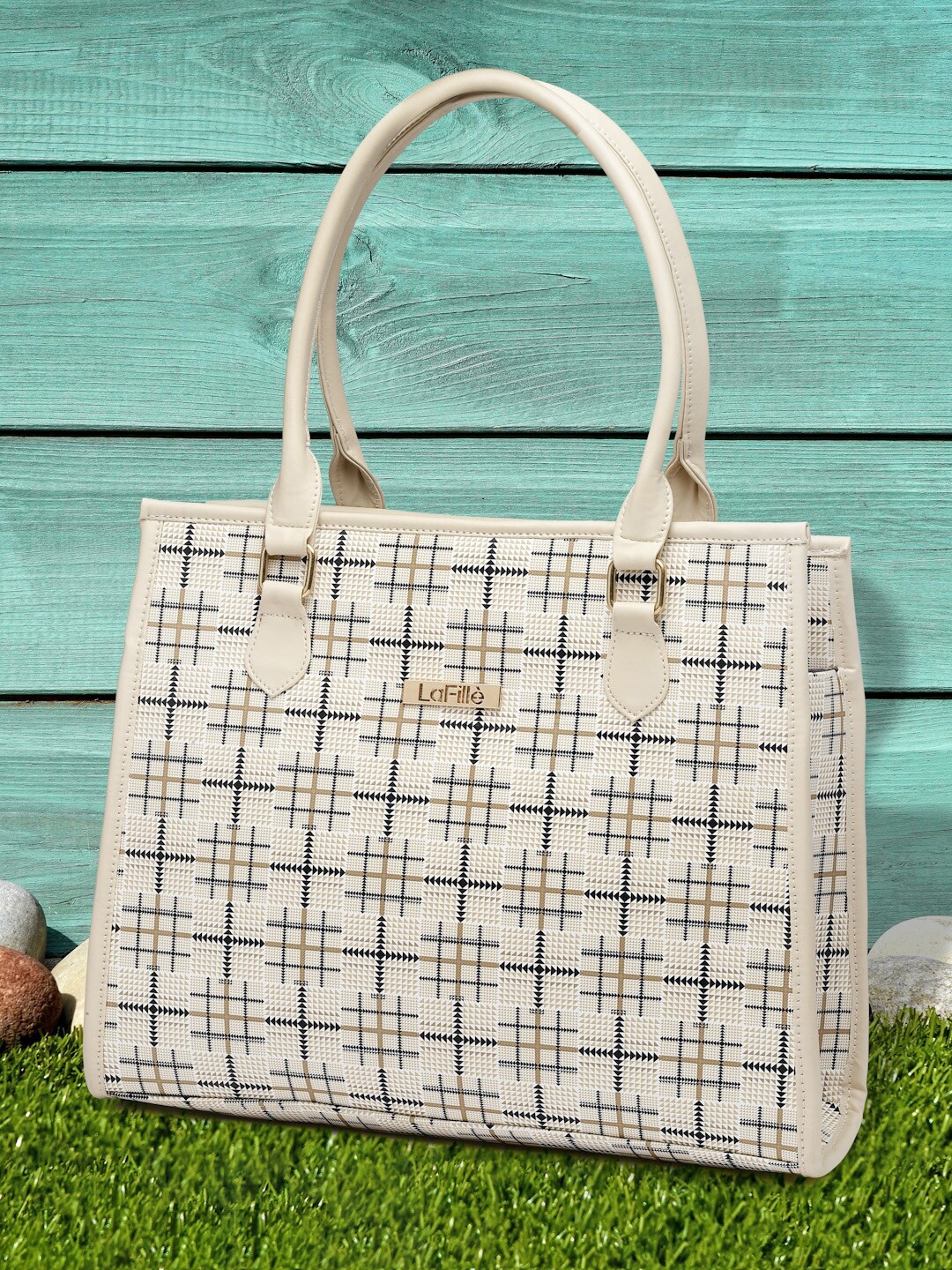 

LaFille Checked Shopper Handheld Bag, Cream