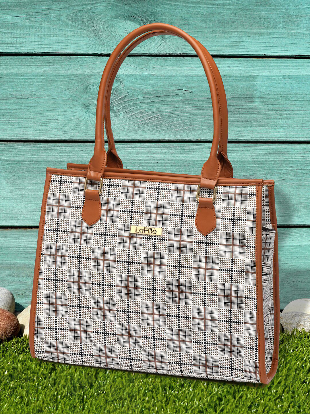 

LaFille Checked PU Shopper Handheld Bag, Tan