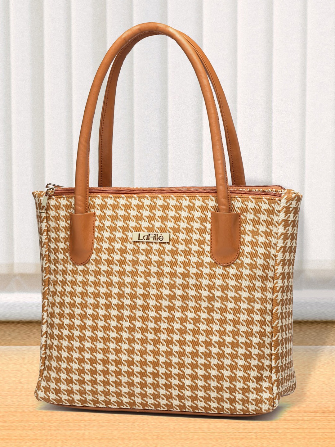 

LaFille Geometric Printed PU Structured Handheld Bag, Beige