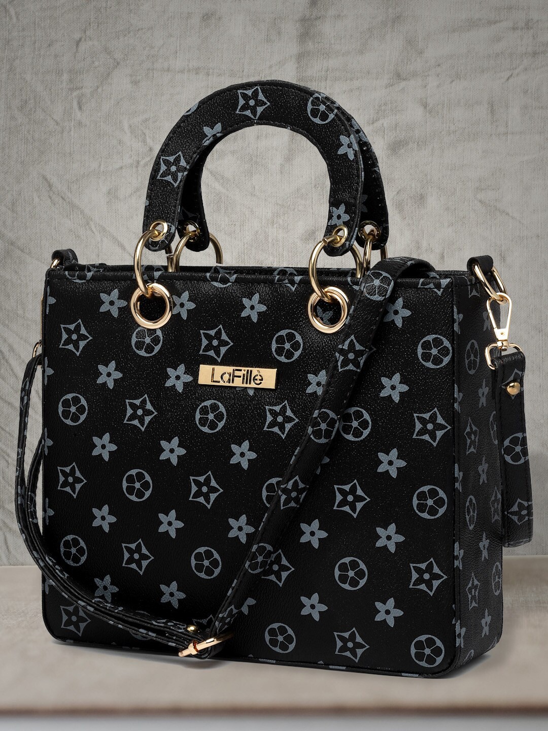 

LaFille Floral Printed PU Structured Handheld Bag, Black