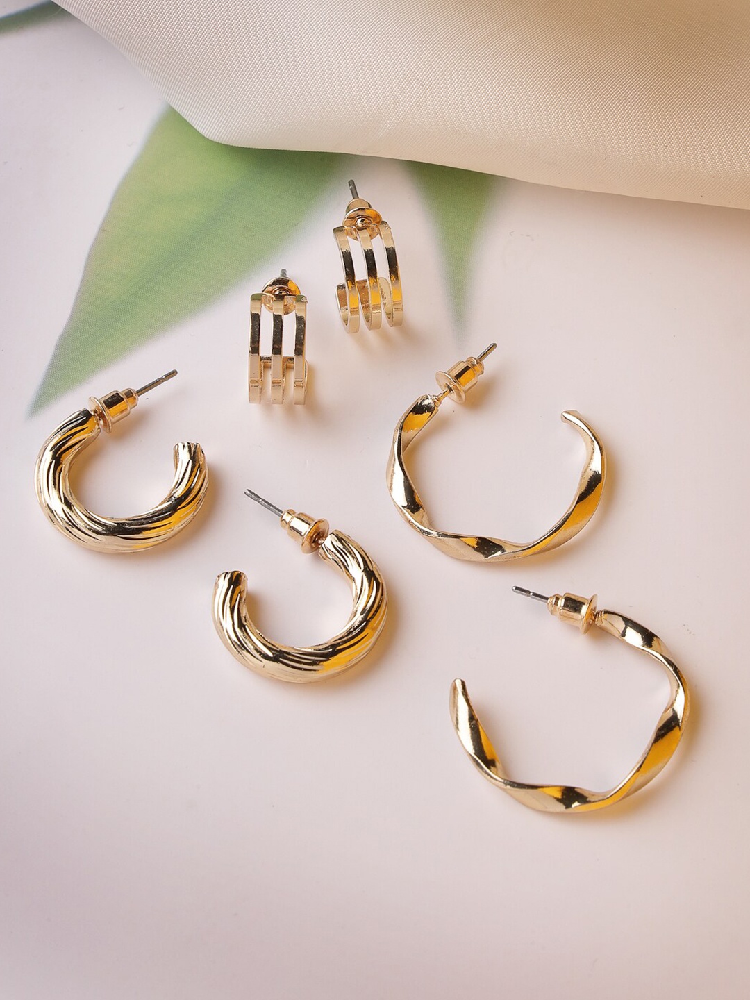 

NVR Set Of 3 Geometric Half Hoop Earrings, Gold