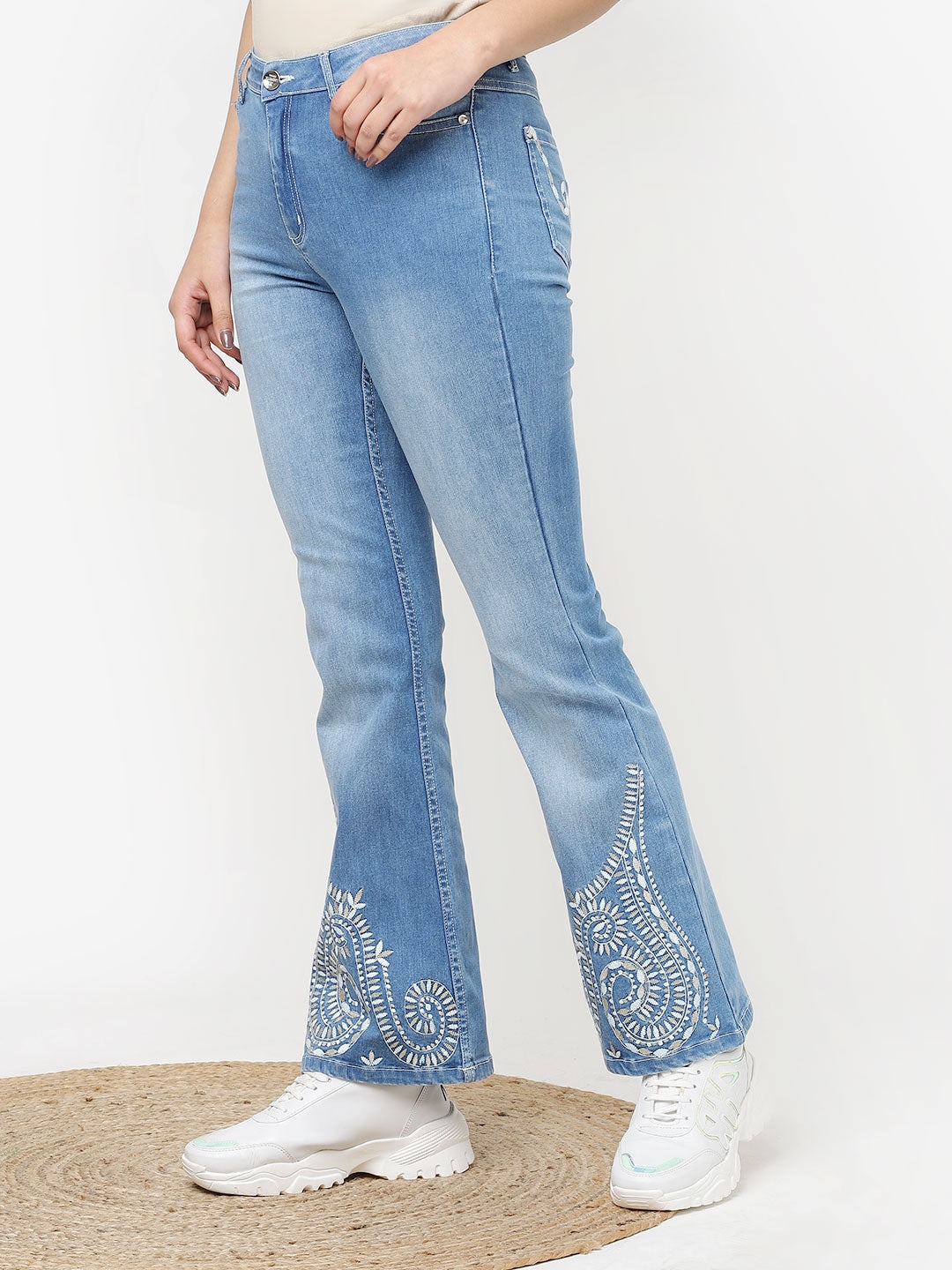 

Lakshita Women Jean Flared Fit Embroidered Light Fade Stretchable Jeans, Blue