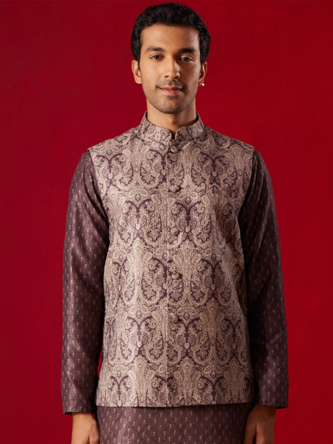 

VASTRAMAY Ethnic Motifs Printed Mandarin Collar Nehru Jacket, Mauve