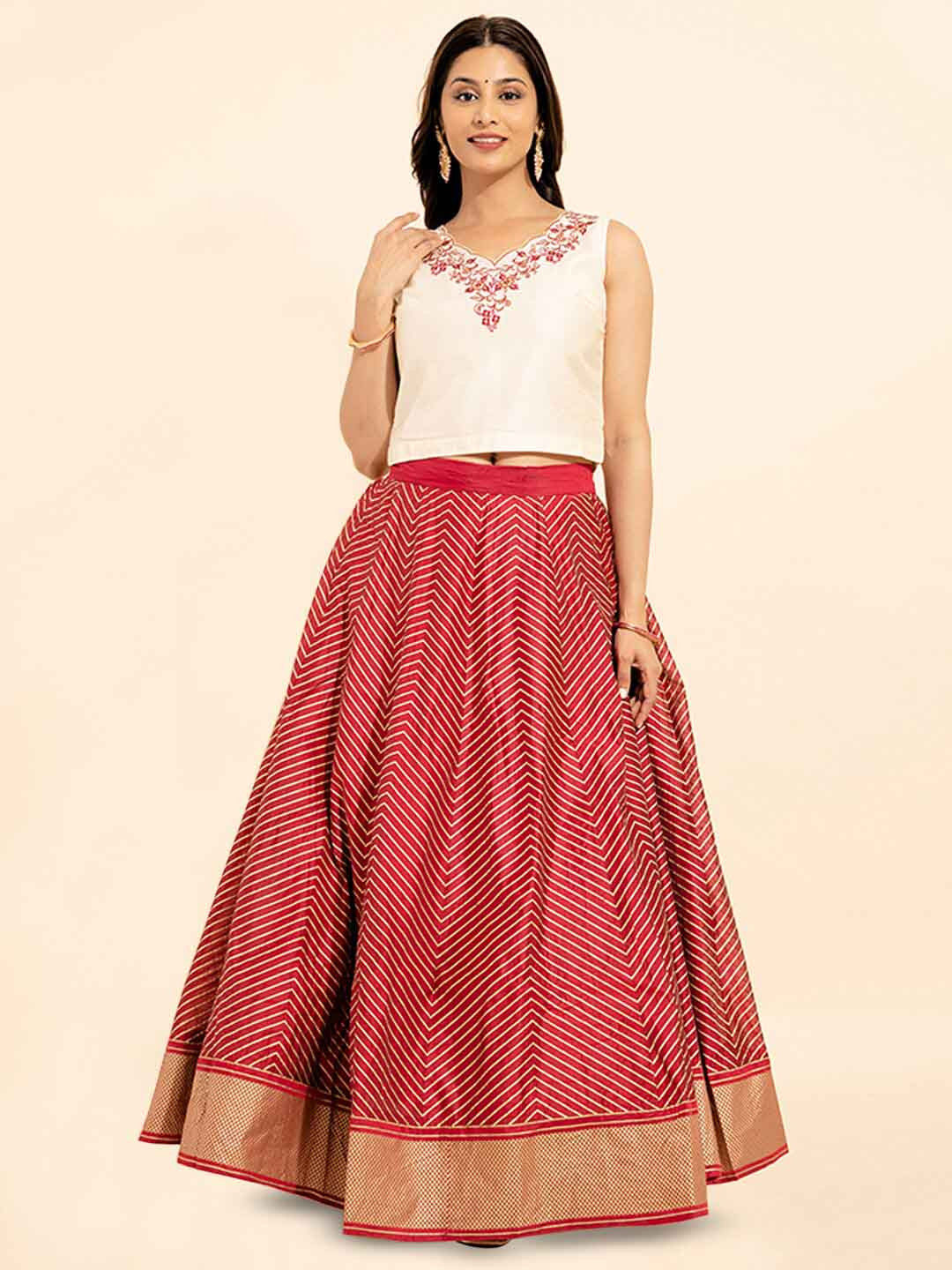 

Maybell Women Embroidered Lehenga Choli Set, Off white