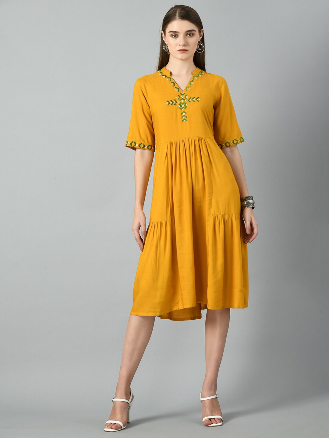 

DOISA Embroidered Mandarin Collar Fit & Flare Cotton Dress, Yellow