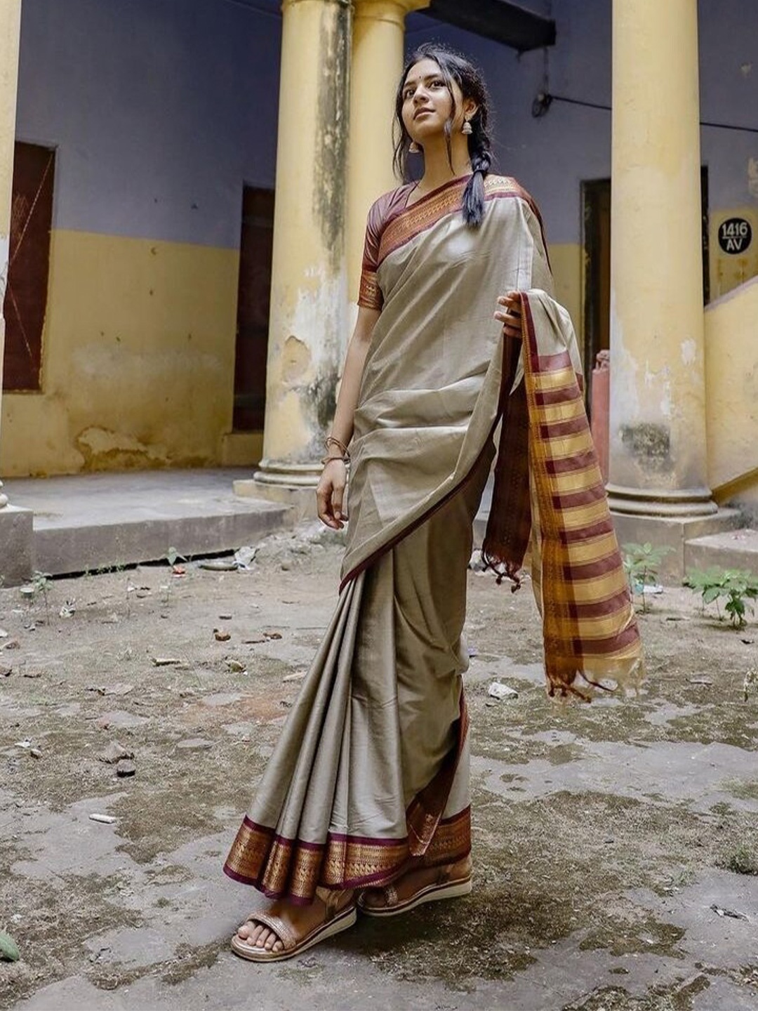 

Paramparik Textile Beige Woven Design Zari Cotton Designer Gadwal Saree