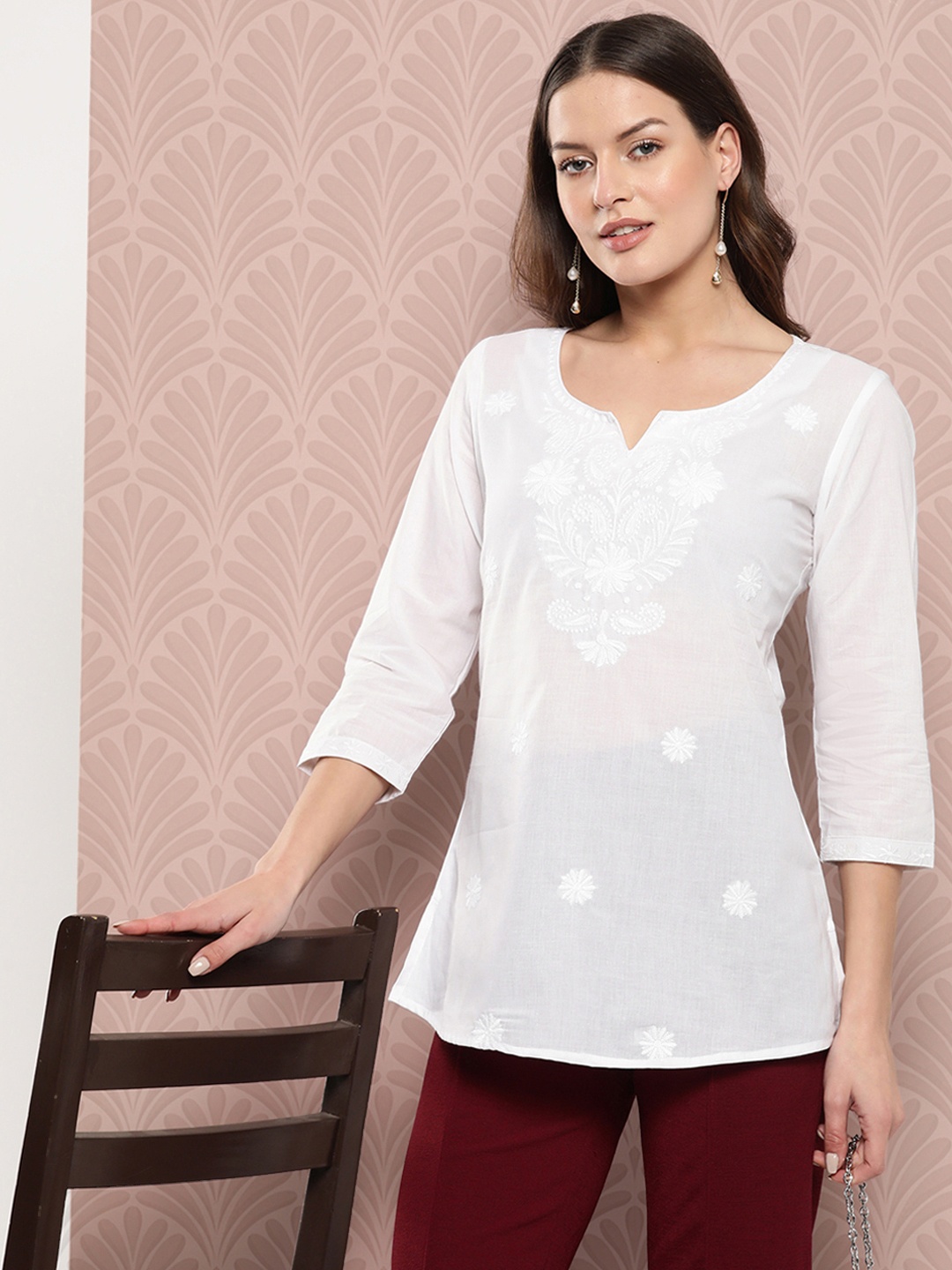 

Yufta Floral Chikankari Embroidered Pure Cotton Top, White