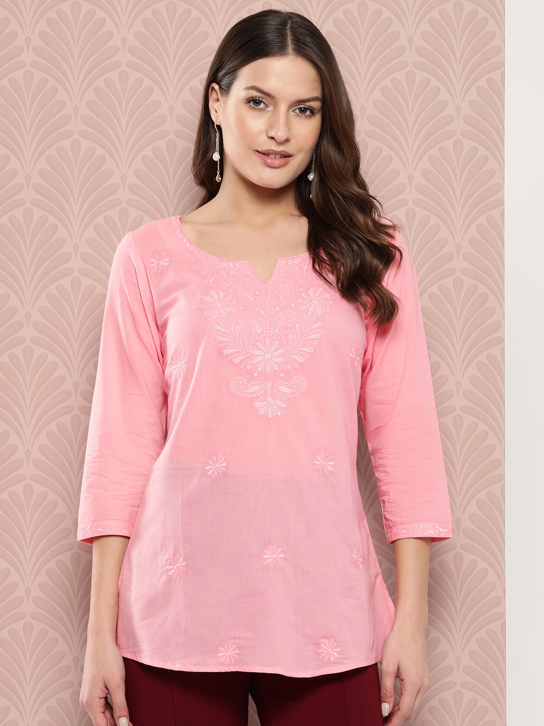 

Yufta Floral Chikankari Embroidered Pure Cotton Top, Peach