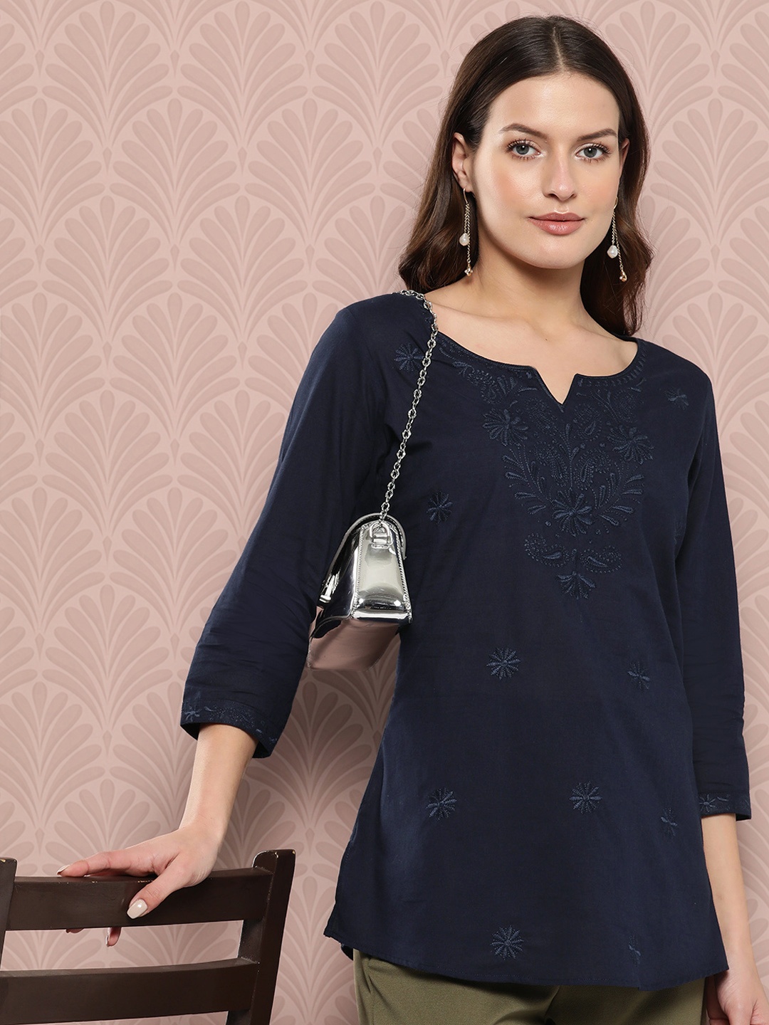 

Yufta Floral Chikankari Embroidered Pure Cotton Top, Navy blue