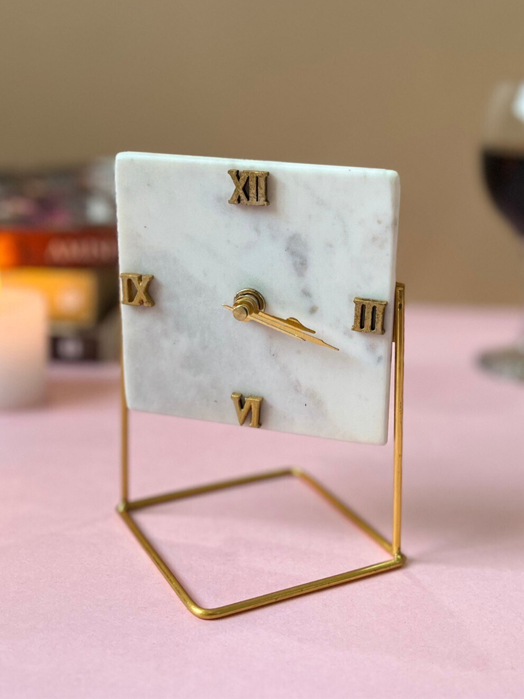 

HOMEARTE White & Beige Analogue Vintage Square Shape Marble Desktop Table Clock