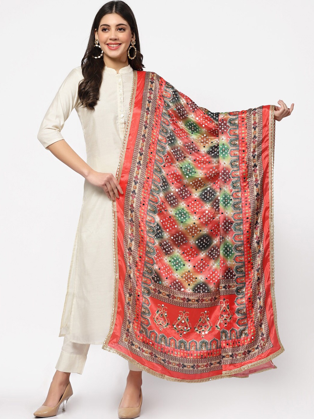 SWI Stylish Floral Printed Chiffon Dupatta With Mirror Work, Red