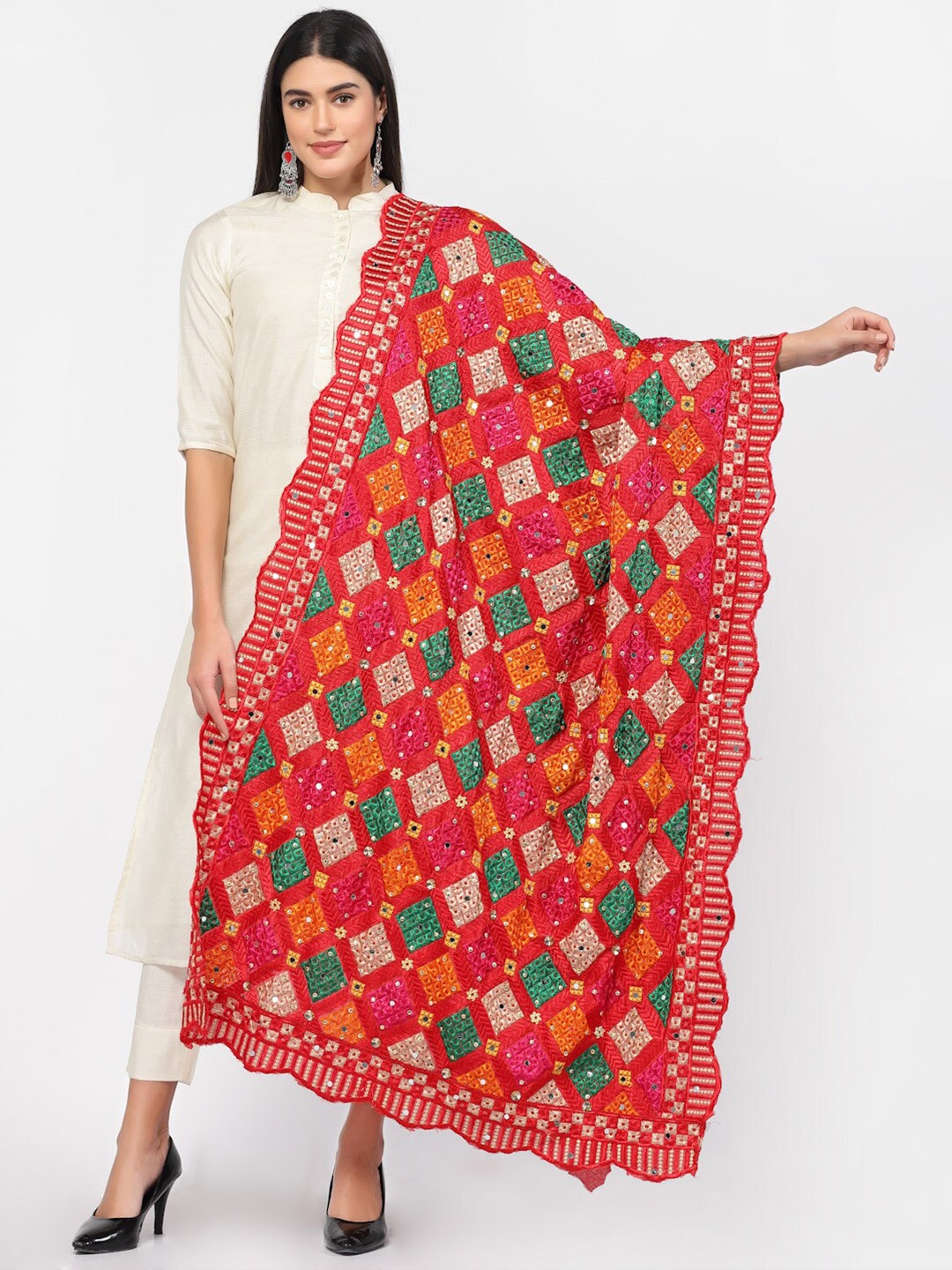 

SWI Stylish Geometric Embroidered Chiffon Dupatta With Mirror Work, Red