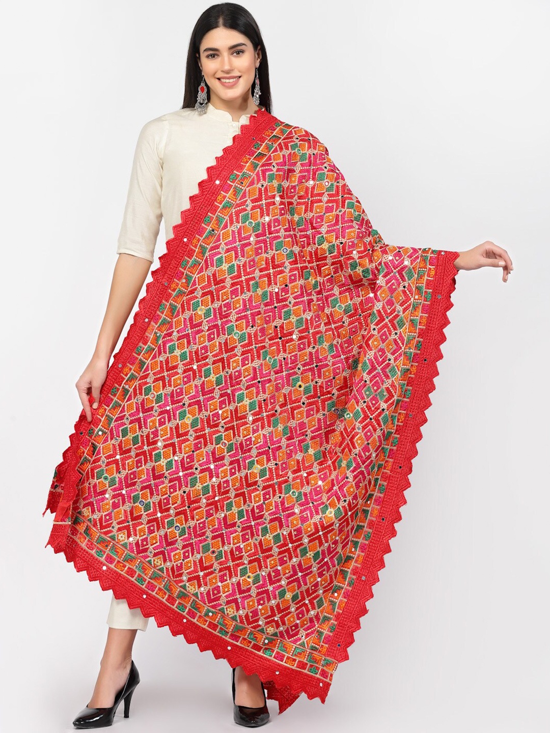 

SWI Stylish Ethnic Motifs Embroidered Phulkari Chiffon Dupatta With Mirror Work, Red
