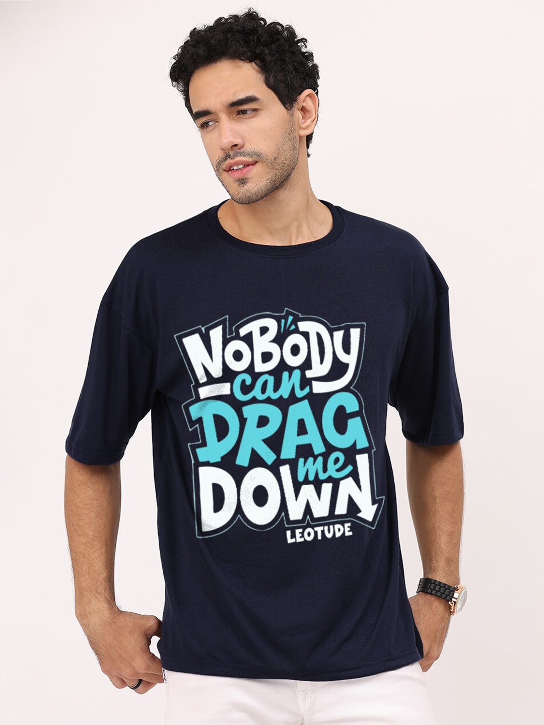 

Leotude Typography Printed Drop-Shoulder Sleeves Oversized T-shirt, Navy blue