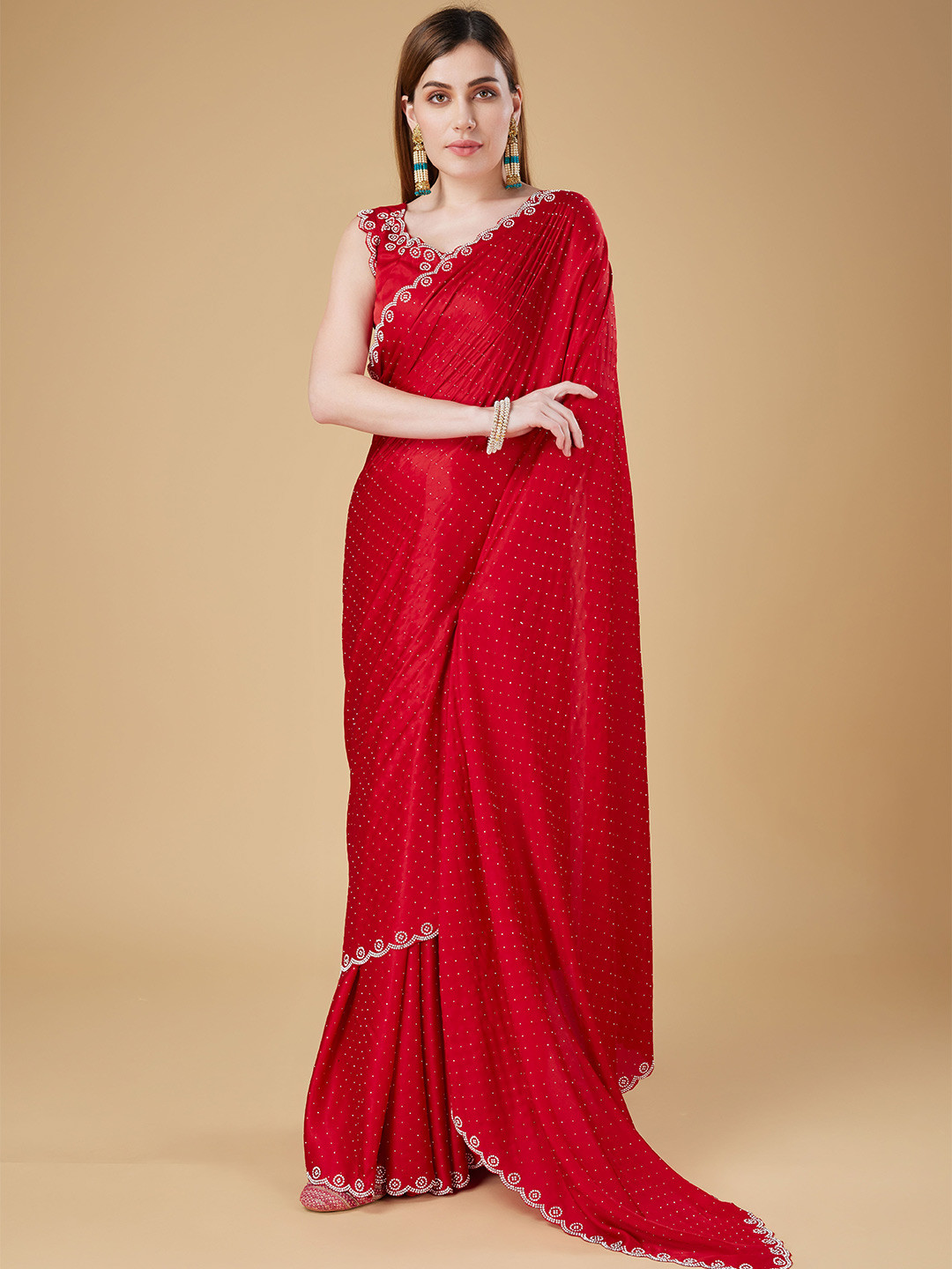 

Trendmalls Embellished Beads and Stones Saree, Red