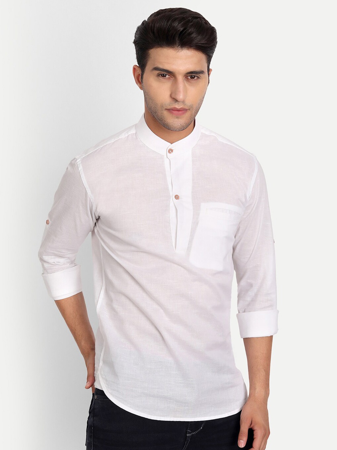 

Vida Loca Mandarin Collar Roll-Up Sleeves Cotton Kurta, White