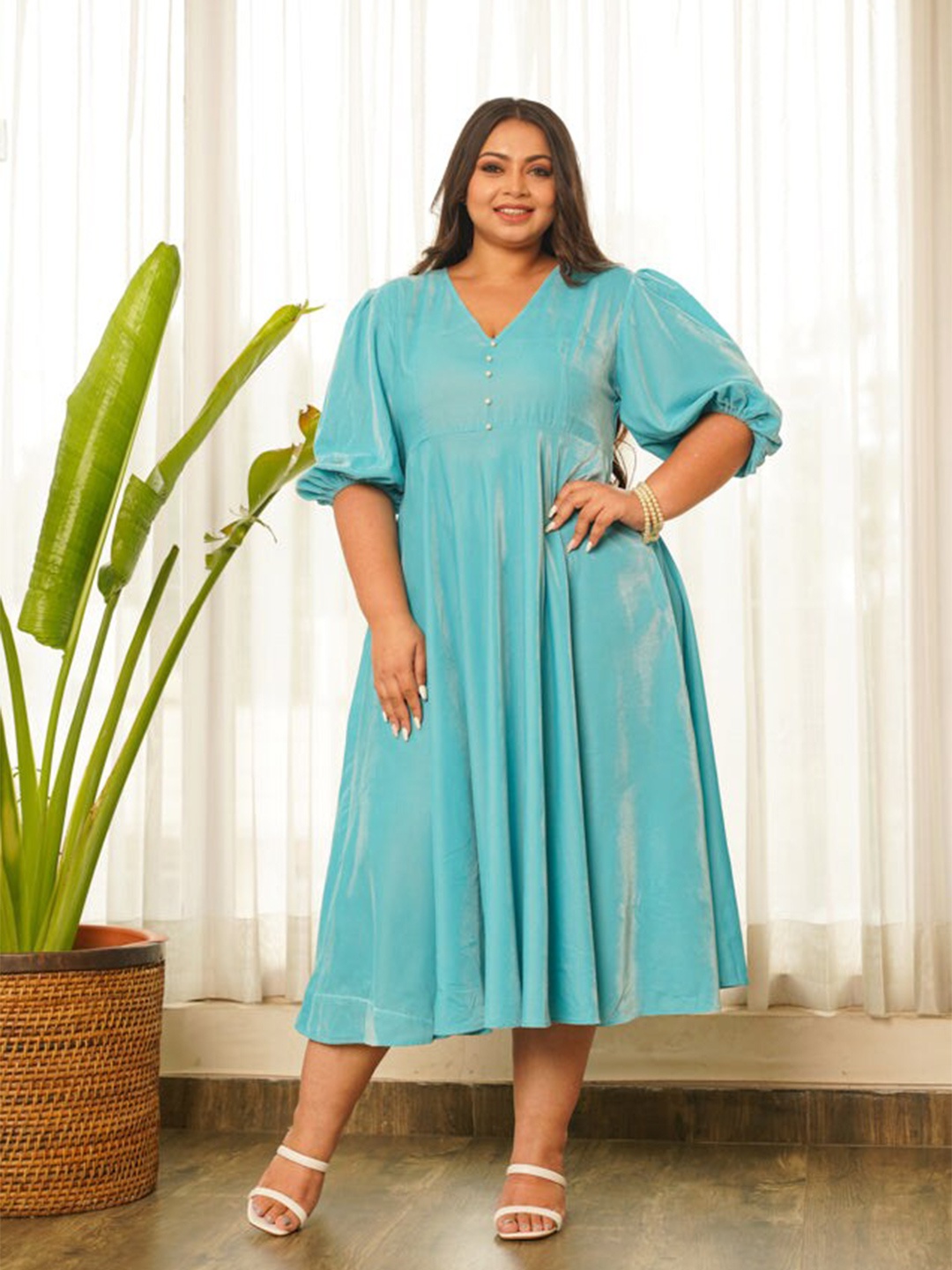 

NANGALIA RUCHIRA Puff Sleeve Short Sleeves Layered Velvet A-Line Cotton Dress, Turquoise blue