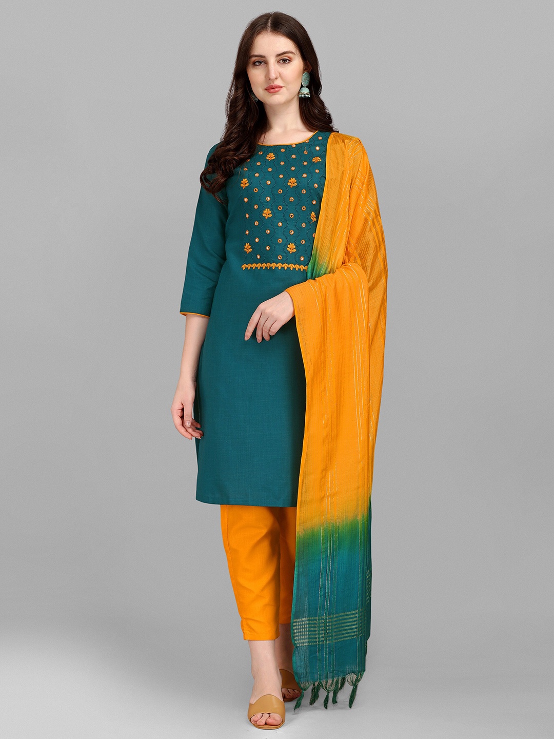 

Angroop Floral Embroidered Regular Straight Kurta with Trousers & Dupatta, Blue