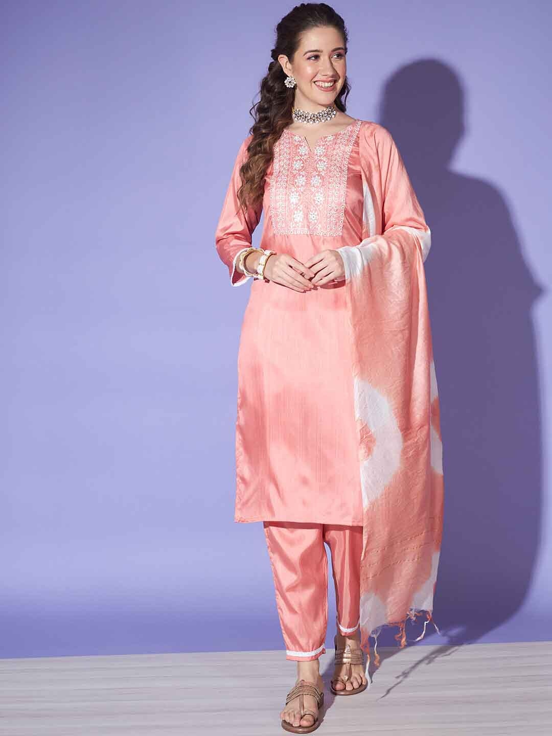 

Angroop Ethnic Motifs Yoke Design Regular Thread Work Kurta With Trousers & Dupatta, Peach