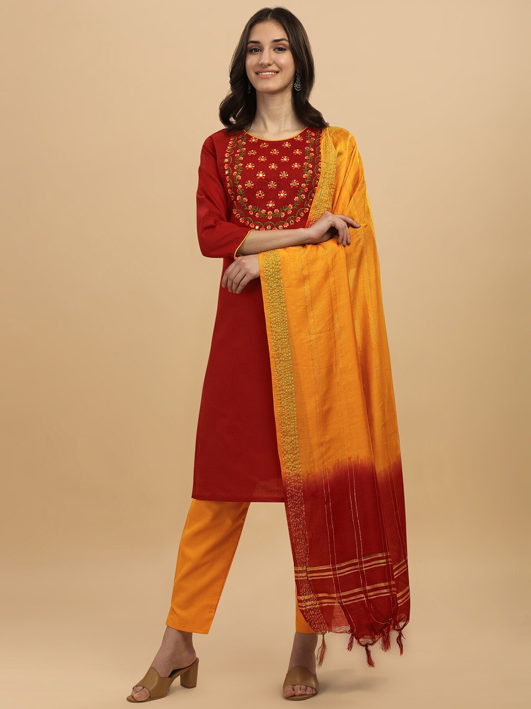 

Angroop Embroidered Straight Kurta With Trousers & Dupatta, Maroon
