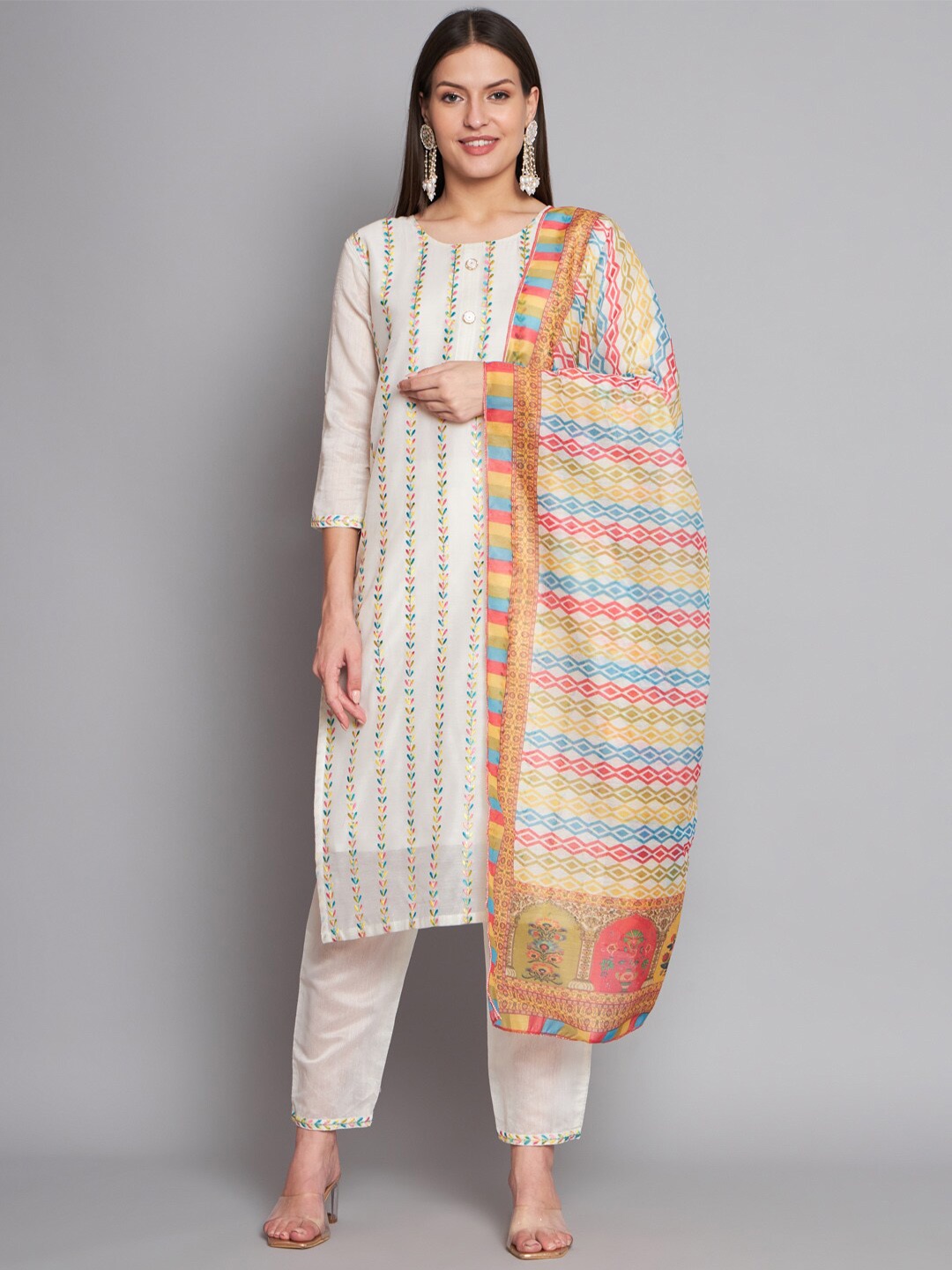 

Angroop Floral Printed Regular Kurta with Trousers & Dupatta, Off white