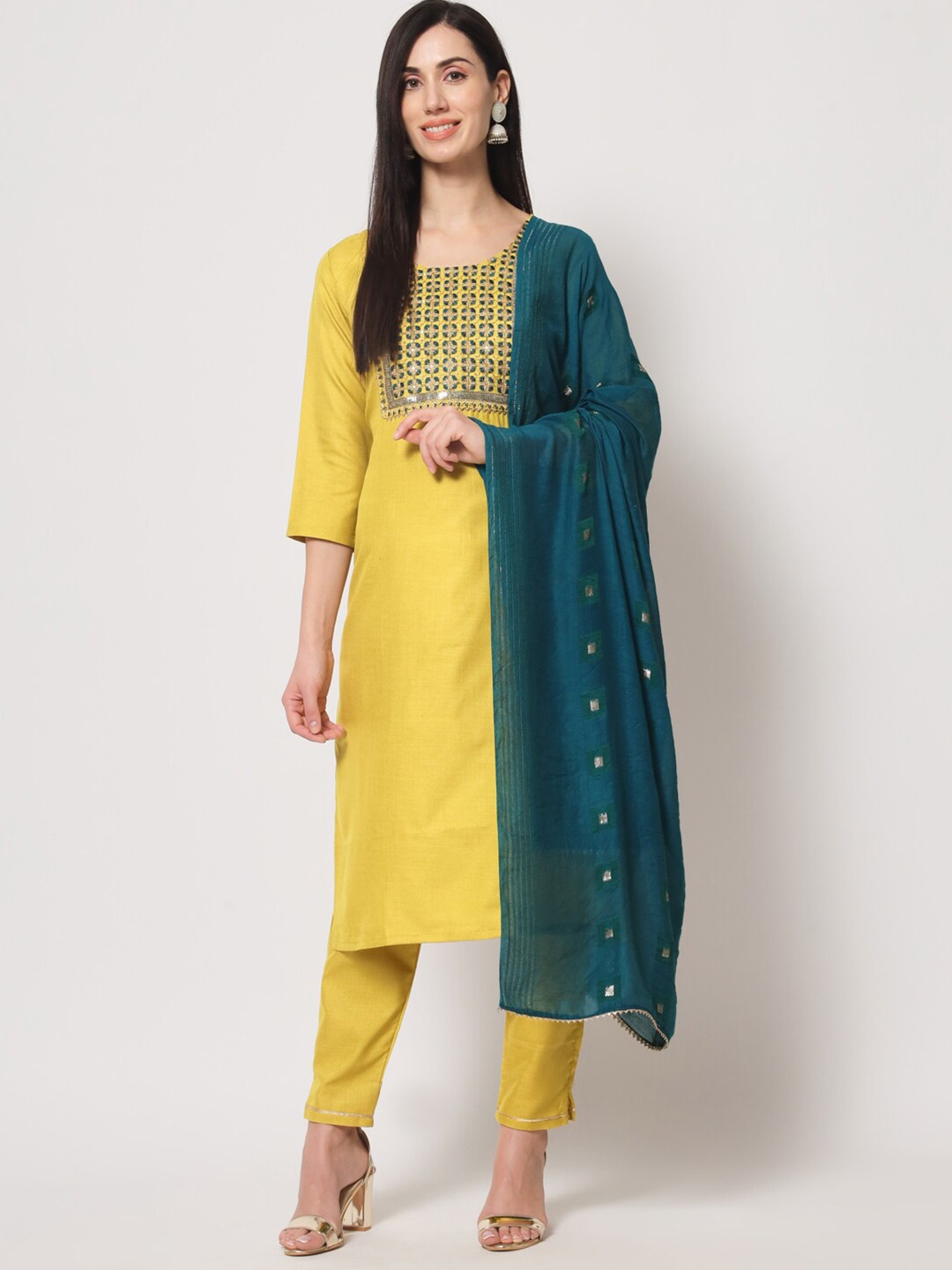 

Angroop Embroidered Regular Straight Kurta with Trousers & Dupatta, Yellow