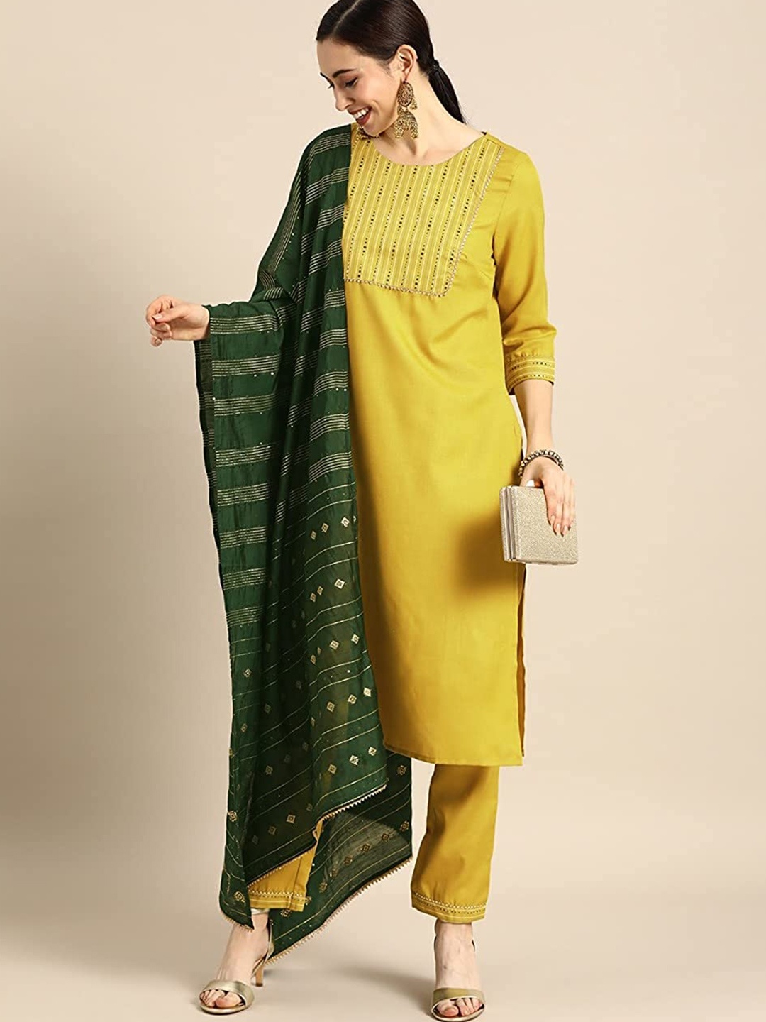 

Angroop Embroidered Regular Gotta Patti Straight Kurta with Trousers & Dupatta, Yellow