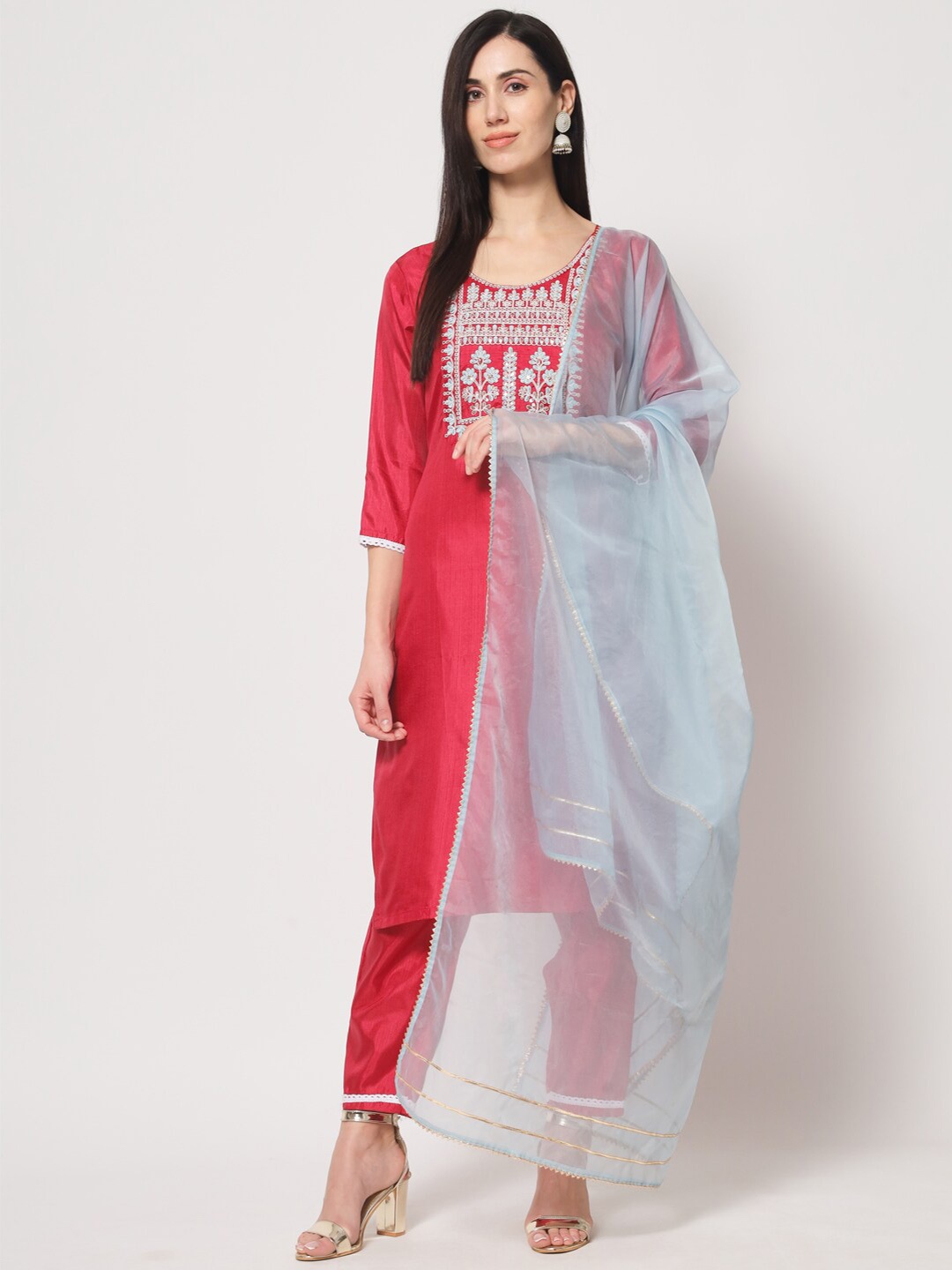 

Angroop Ethnic Motifs Yoke Design Thread Work Straight Kurta & Trousers With Dupatta, Pink