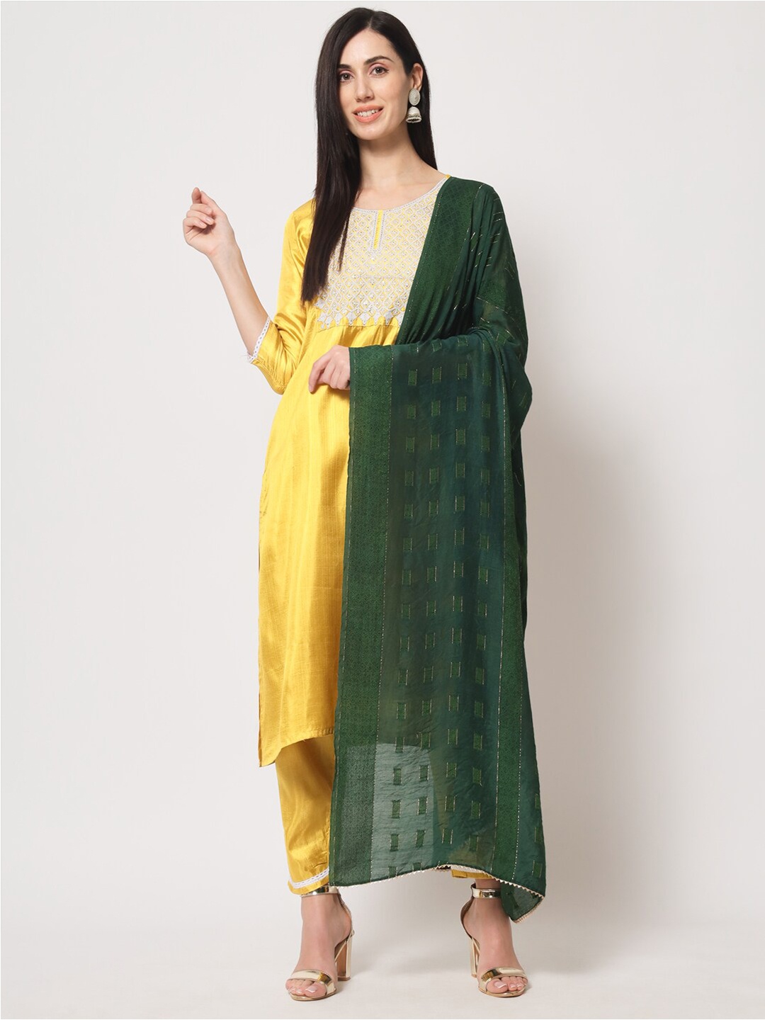 

Angroop Yoke Design Regular Sequinned Kurta with Trousers & Dupatta, Yellow