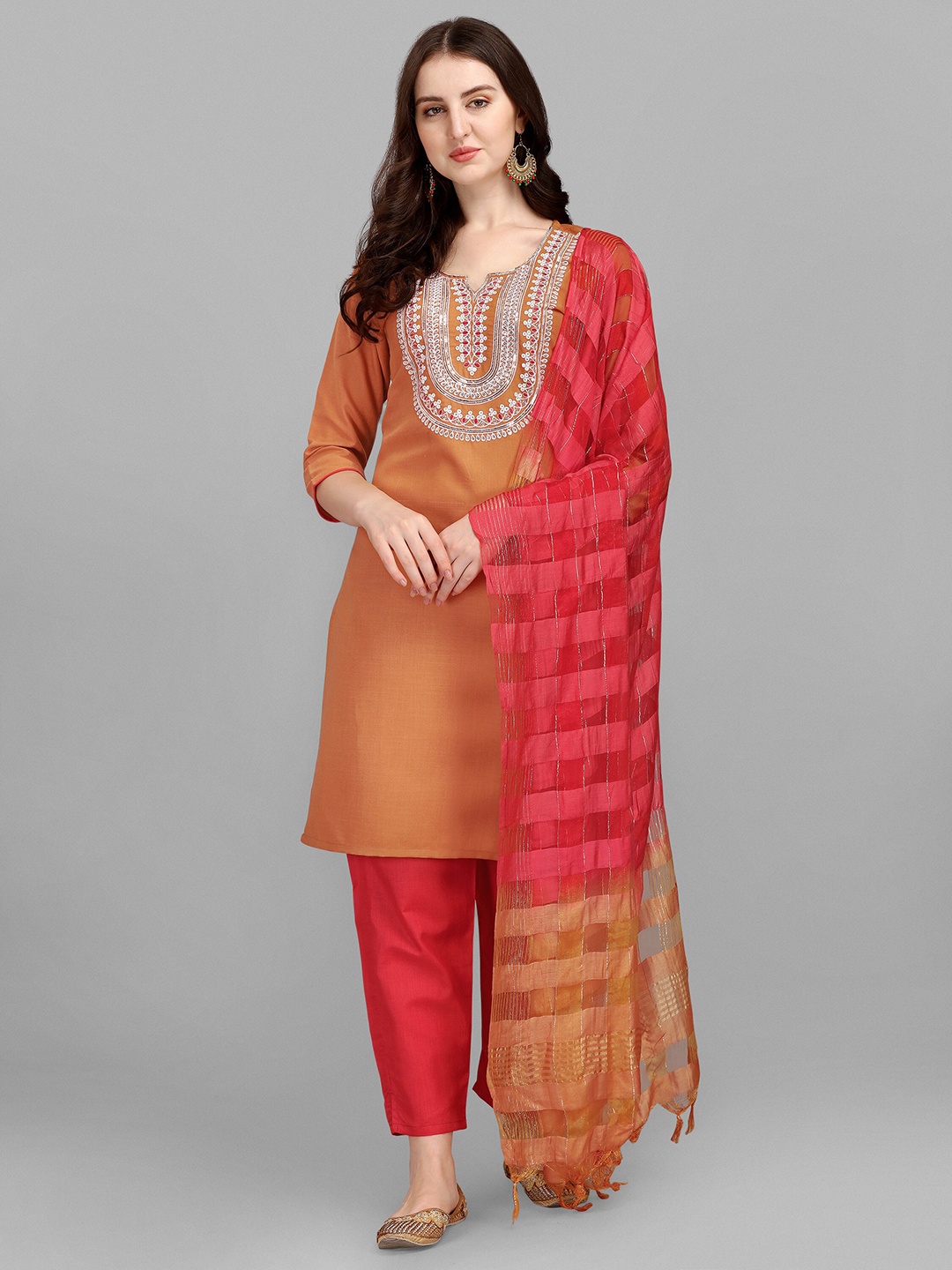 

Angroop Embroidered Straight Kurta With Trousers & Dupatta, Mustard