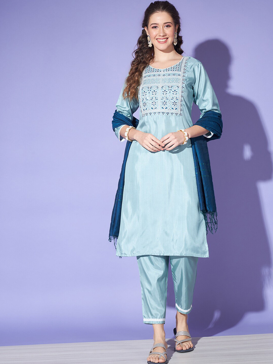 

Angroop Floral Yoke Design Thread Work Round Neck Straight Kurta With Trousers & Dupatta, Blue