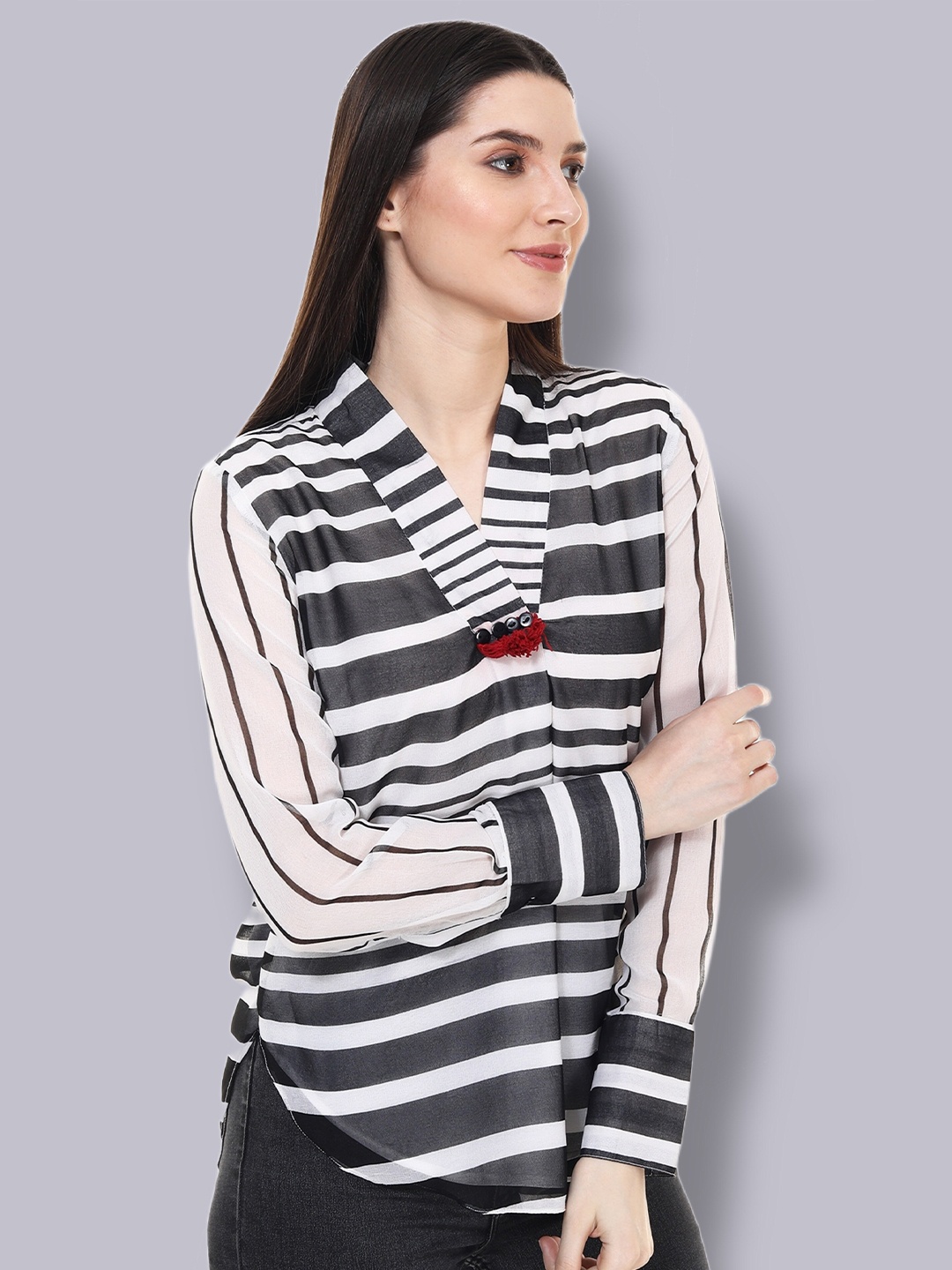 

TSM Striped V Neck Long Sleeves Georgette Regular Top, Black